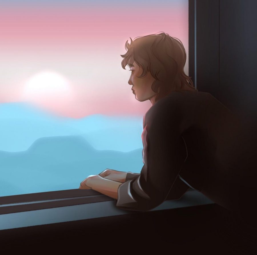 A transgender teenager gazes out a window at a trans-pride-colored sky. Art by Alison Xiong.