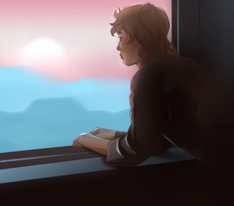 A transgender teenager gazes out a window at a trans-pride-colored sky. Art by Alison Xiong.
