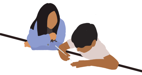 A student works on a paper with a tutor. Art by Erin Kim.