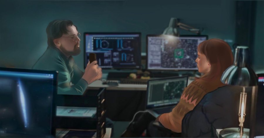 Randall Mindy (Leonardo DiCaprio) and Kate Dibiasky (Jennifer Lawrence) discuss the dire implications of an incoming comet. A few moments prior, Dibiasky was celebrating her discovery of it. 
