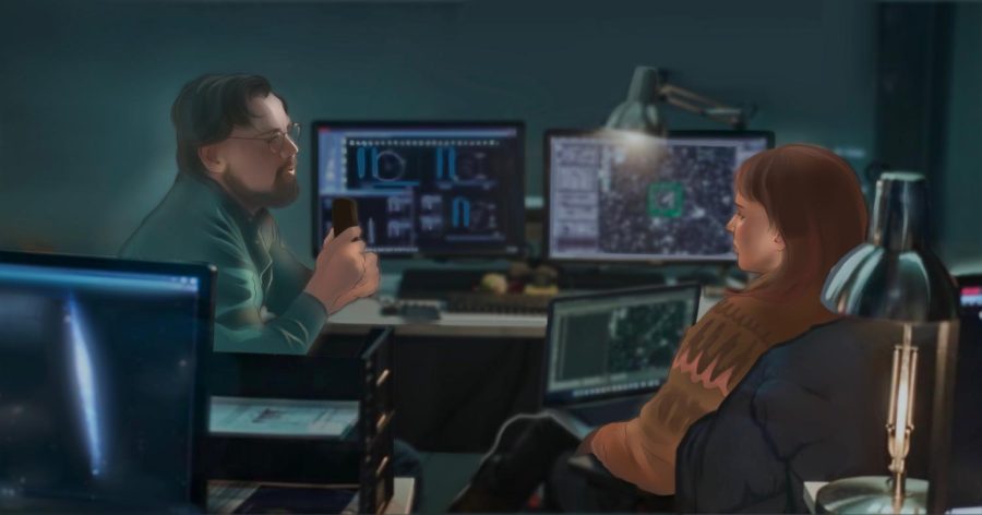 Randall Mindy (Leonardo DiCaprio) and Kate Dibiasky (Jennifer Lawrence) discuss the dire implications of an incoming comet. A few moments prior, Dibiasky was celebrating her discovery of it. "Isn't that an extinction-level event?" DiCaprio asks. (Art by Alison Xiong based on "Don't Look Up"). 