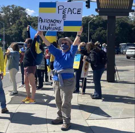 A protester holds a sign that reads: Peace & Autonomy for Ukraine. Shes wearing blue and yellow, the colors of the Ukrainian flag. Shes currently attending a protest for peace in Ukraine.