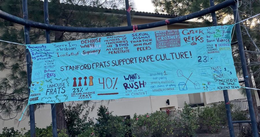 Stanford students created a banner protesting Spring rush season at the university. The data shows that the longer youre at Stanford, the more in favor of abolishing and dehousing you are, said Shawn Lee, a member of the Abolish Stanford Greek organization. 