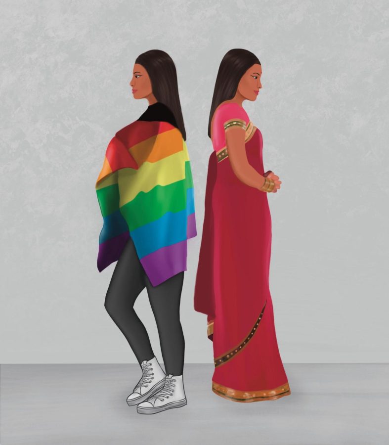 A person stands back-to-back with a different version of herself. One version wears a pride flag; the other wears a traditional Indian sari. 