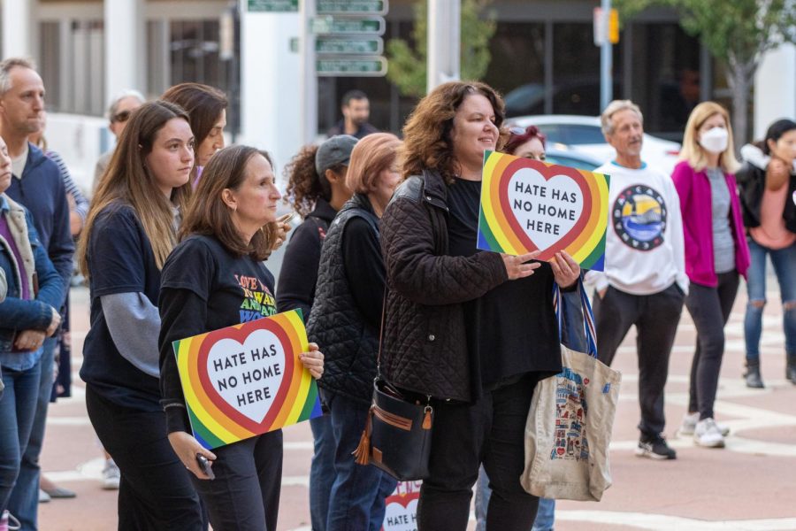 A crowd gathered in front of the Palo Alto City Hall on Oct. 16, 2022 to stand up for the LGBTQ community as well as all other underrepresented communities.

