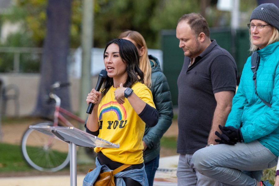 Palo Alto School Board candidate Nicole Chiu-Wang alongside other speakers addressed the importance for kindness and respect in the Palo Alto community.