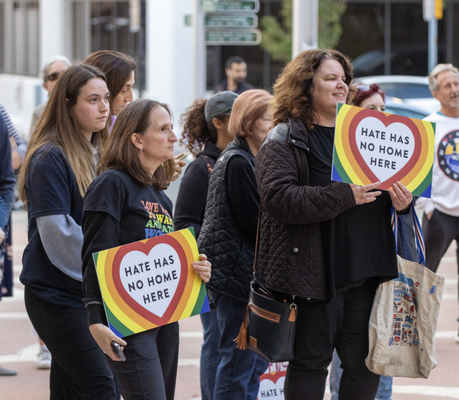 A crowd gathered in front of the Palo Alto City Hall on Oct. 16, 2022 to stand up for the LGBTQ community as well as all other underrepresented communities.