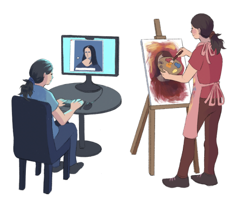 Left: A student artist uses an AI to generate a simple replica of the “Mona Lisa” for a school project. Right: Another student adds some finishing touches to her hand-painted piece. 
