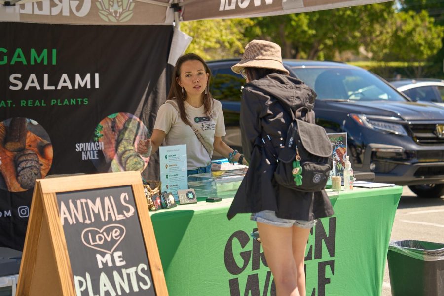 Alexandra Volkov, co-founder and brand manager of Green Wolf Foods talks to a customer Saturday at the Love Our Earth Festival. She said that she is an ethical vegan and launched her business to promote plant-based eating. “So we make it [plant-based meat] for the animals, that’s our conscious choice,” Volkov said. “We also avoid animal products in our clothing, our accessories. … We prefer cruelty-free products, so basically, the main reason is for the animals.”

