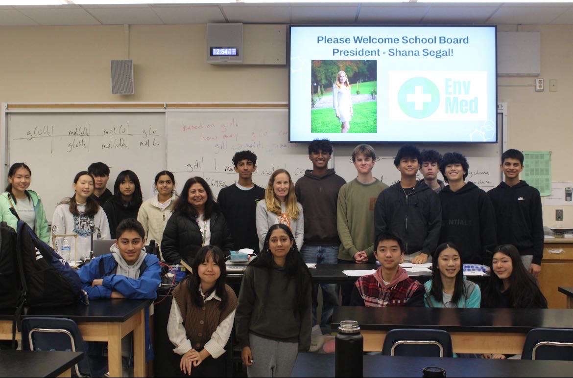 School board President Shana Segal attends one of the Environment and Medicine Club's meetings. "She [Segal] came to our club to talk about how it's going and the essence of sustainability in Palo Alto, and what she wants to do to change and make it better," Co-President Sid Iyer said.