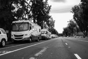 RV's line the east end of Embarcadero road in Palo Alto.