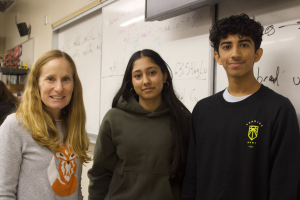 Palo Alto Environment and Medicine Club members Anika Deshpande and Avroh Shah meet with district board member Shana Segal. The club was one of many student climate activist groups advocating for the Palo Alto Unified School District to hire a sustainability program manager. “This is important because it not only shows that our hard work made a difference but it is a start to hopefully something that encourages student voices,” Deshpande said. Photo by Tessa Berney.