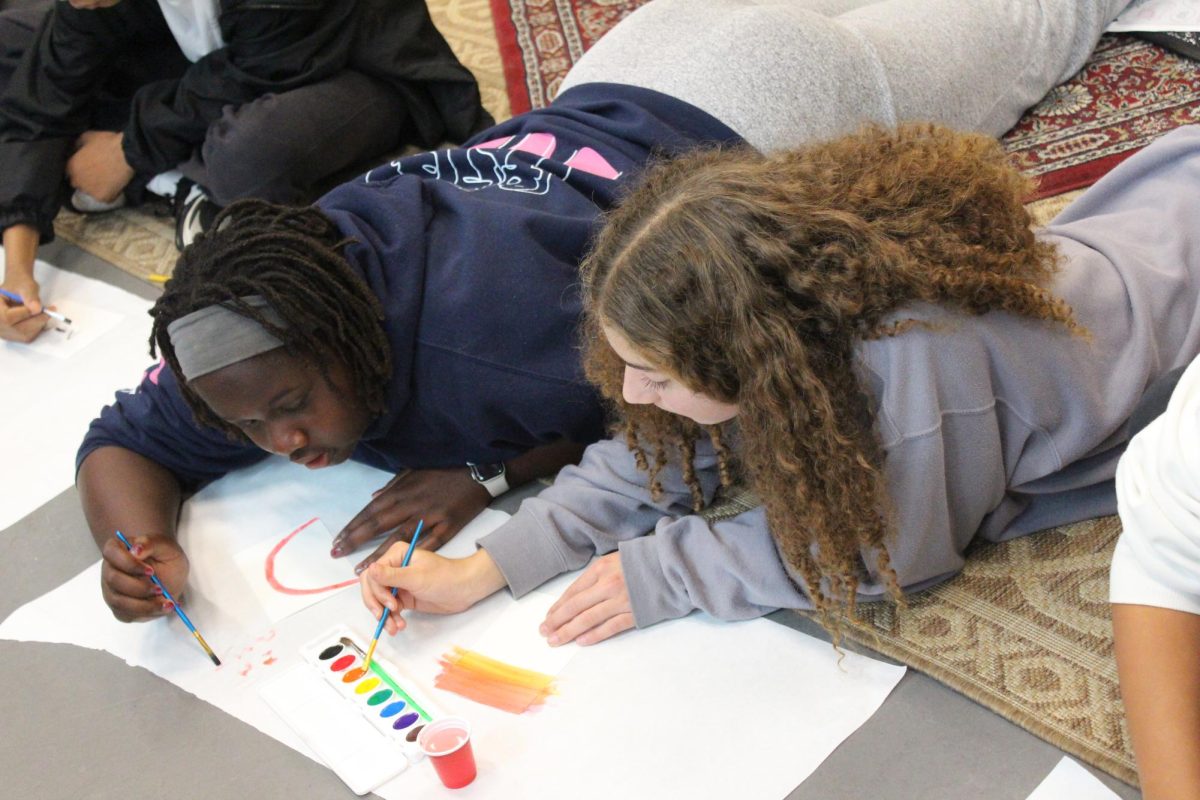 Painting Rainbow - One of Casalco student paint her own vision of of calmness starting with a arcing stroke. It finishes off with a rainbow. The other student paint a gradient sunset.