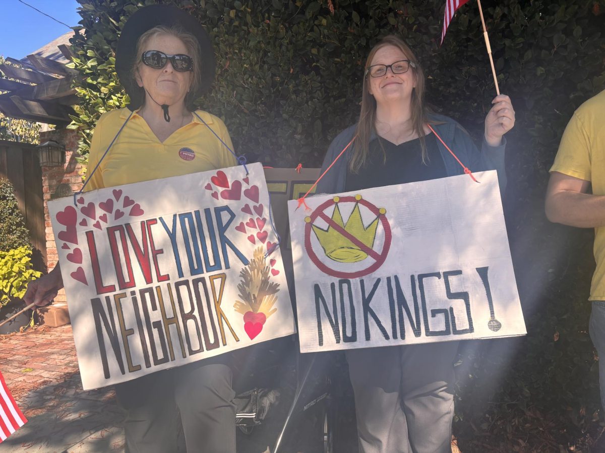 Protesters came with signs of all shapes and sizes, from banners strung across the Embarcadero Road underpass to handheld sheets of paper to quilted fabric signs. Protestors Linda and Megan have been making their own signs since the first No King’s protest, hoping to encourage more people to speak out against the administration. “If we don't protest, how is it [the current state of affairs] ever gonna change?” Megan says. “It's not gonna change. If everybody stayed home, we’d be done.”