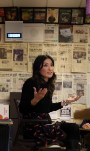 Former Palo Alto Unified School District school board candidate and Pathwise (formerly Dreamcatchers) Executive Director Nichole Chiu-Wang speaks on Thursday at a Q&A session to The Paly Incubator class at Palo Alto High School. According to Chiu-Wang, Pathwise is launching a new summer certification program. High school students can still mentor middle schoolers as a volunteer. “We [Pathwise] are very excited to be doing that, because we want to make sure that our high schoolers feel empowered to be leaders,” Chiu-Wang said. “I truly believe that through volunteering or through being of service, or through mentorship and those relationships you form, not only are we creating a sense of belonging for our middle school students, but also for our volunteers.”