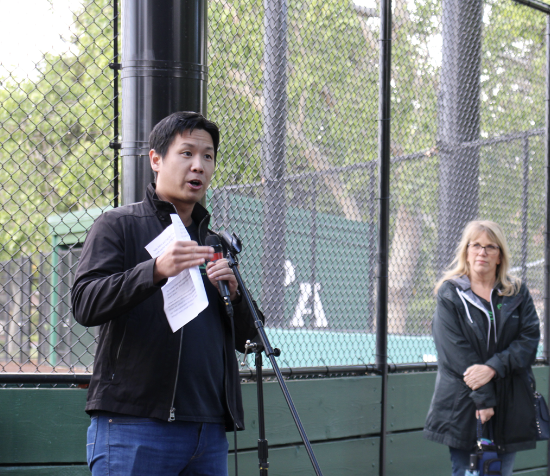 Daniel Nguyen, head of negotiations for the Palo Alto Educators’ Association, speaks at an April rally. The PAEA is experiencing a unique phase of negotiations due to superintendent shifts. “There’s a very real possibility that this will be the first time in decades that our students will have teachers working without a contract.” 