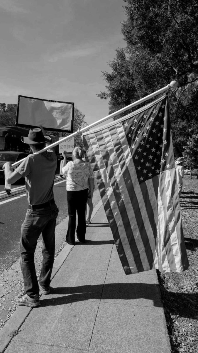 MAKING VOICES HEARD — A protester carries an American flag along El Camino Real during the “No Kings” demonstration in Palo Alto. Photo by Arjun Jalali.